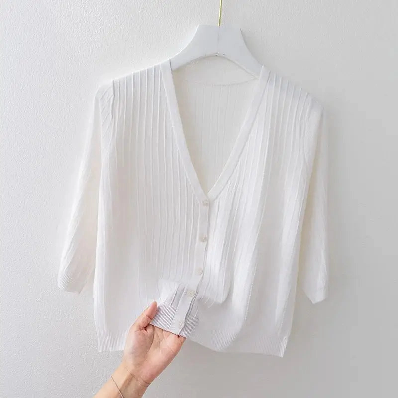 Fashion Women Solid Knitted Sweaters Coats V-neck Half Sleeve Cardigan