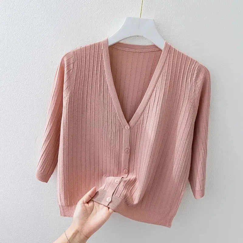 Fashion Women Solid Knitted Sweaters Coats V-neck Half Sleeve Cardigan