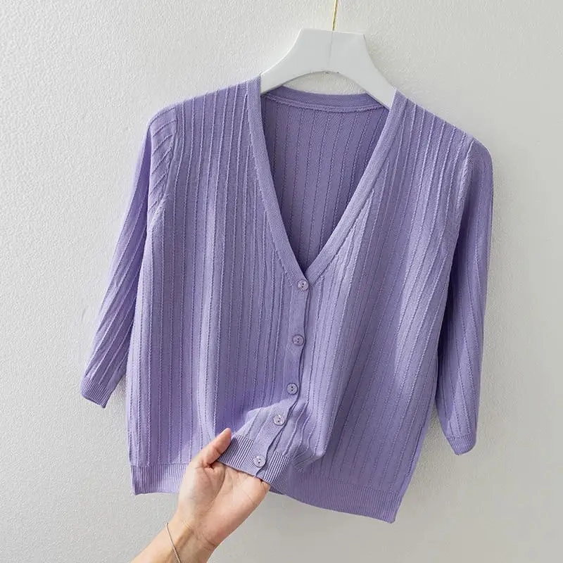 Fashion Women Solid Knitted Sweaters Coats V-neck Half Sleeve Cardigan