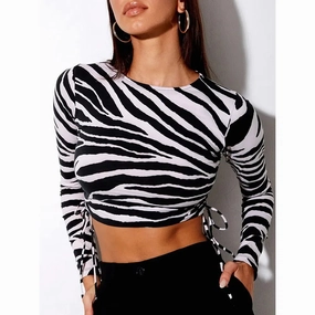 Fashion Women Zebra-stripe Top Stylish Long Sleeve Side Drawstring Crop Tops Autumn New Round Collar Pullover Tops T-Shirt Lady