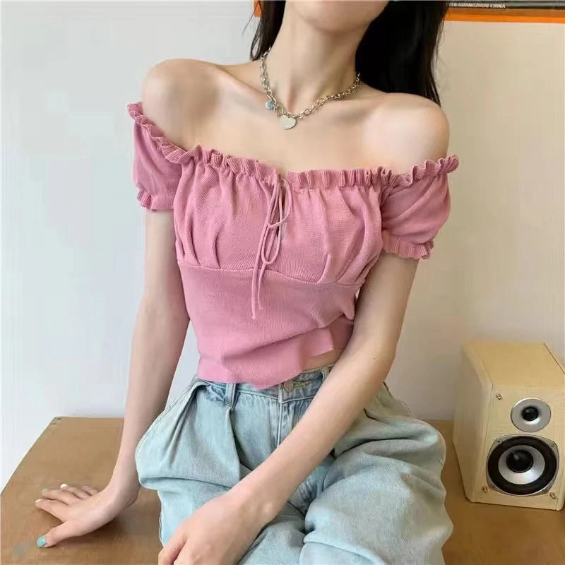 Fashionable Elegant Lock Bone Sensation One-word Shoulder Top Women Summer Design Drawstring Outdoor Wrap Chest Clothes