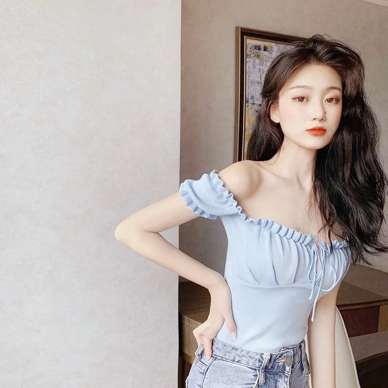 Fashionable Elegant Lock Bone Sensation One-word Shoulder Top Women Summer Design Drawstring Outdoor Wrap Chest Clothes
