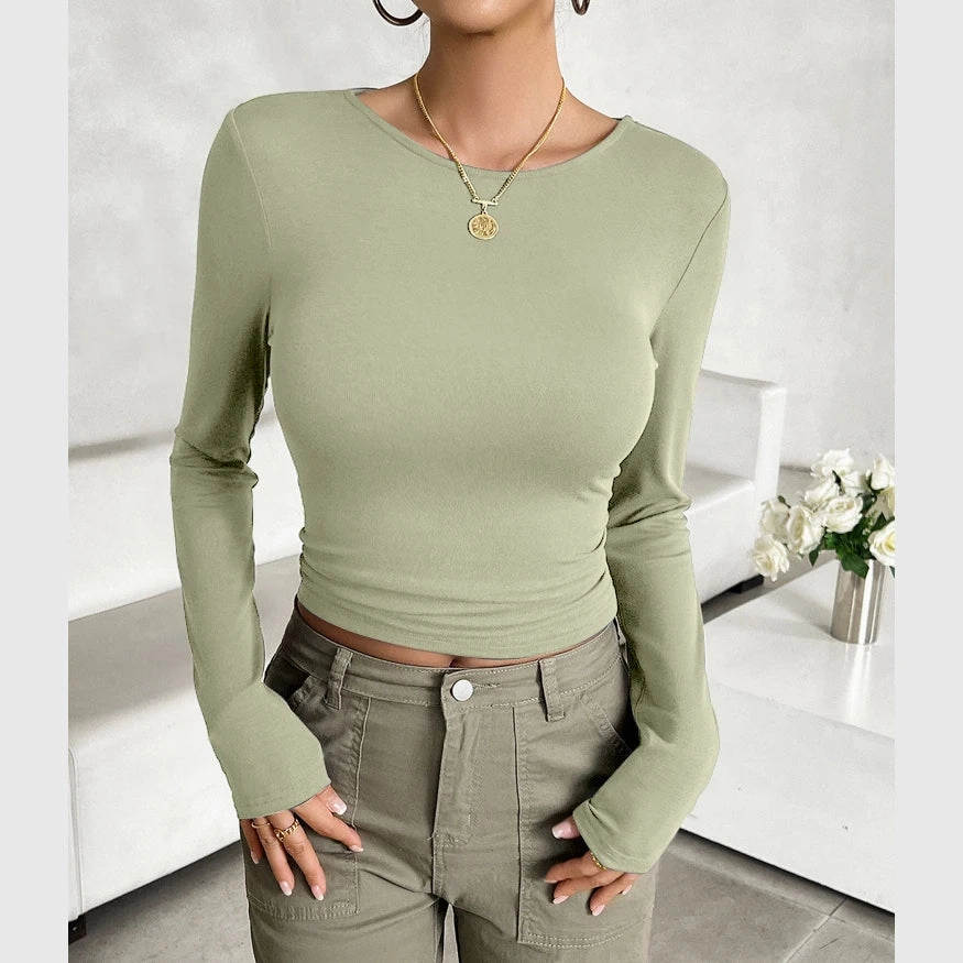 Fashionable Women's Slim Fit Long-Sleeved Casual T-Shirt - Versatile O-Neck Pullover for Spring & Fall Street Style