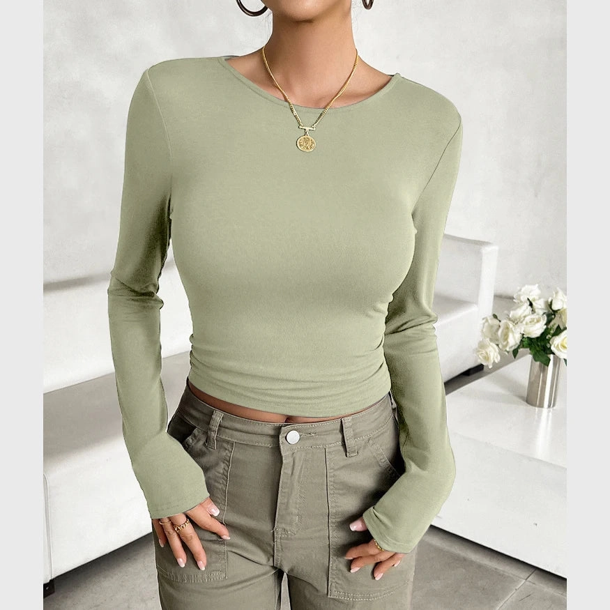 Fashionable Women's Slim Fit Long-Sleeved Casual T-Shirt - Versatile O-Neck Pullover for Spring & Fall Street Style