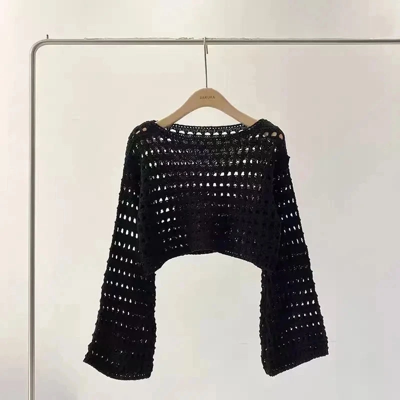 Fishnet Crochet Long Sleeve Crop Top Women Summer Blouse