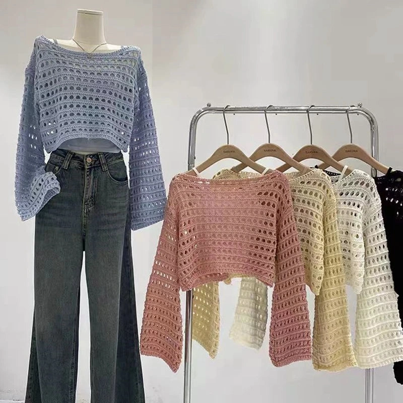 Fishnet Crochet Long Sleeve Crop Top Women Summer Blouse