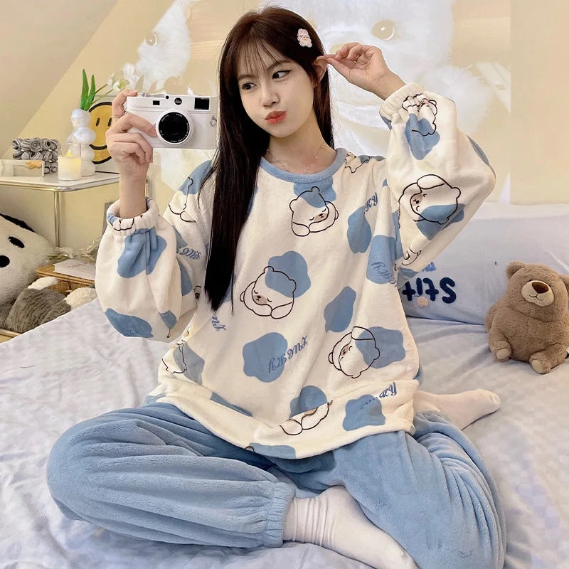 Flannel Warm Pyjamas Set for Women's Plus Size Sleepwear Loungewear