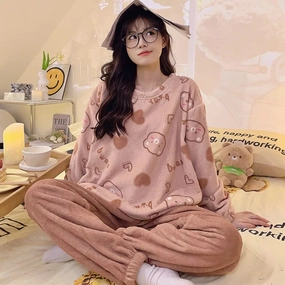 Flannel Warm Pyjamas Set for Women's Plus Size Sleepwear Loungewear