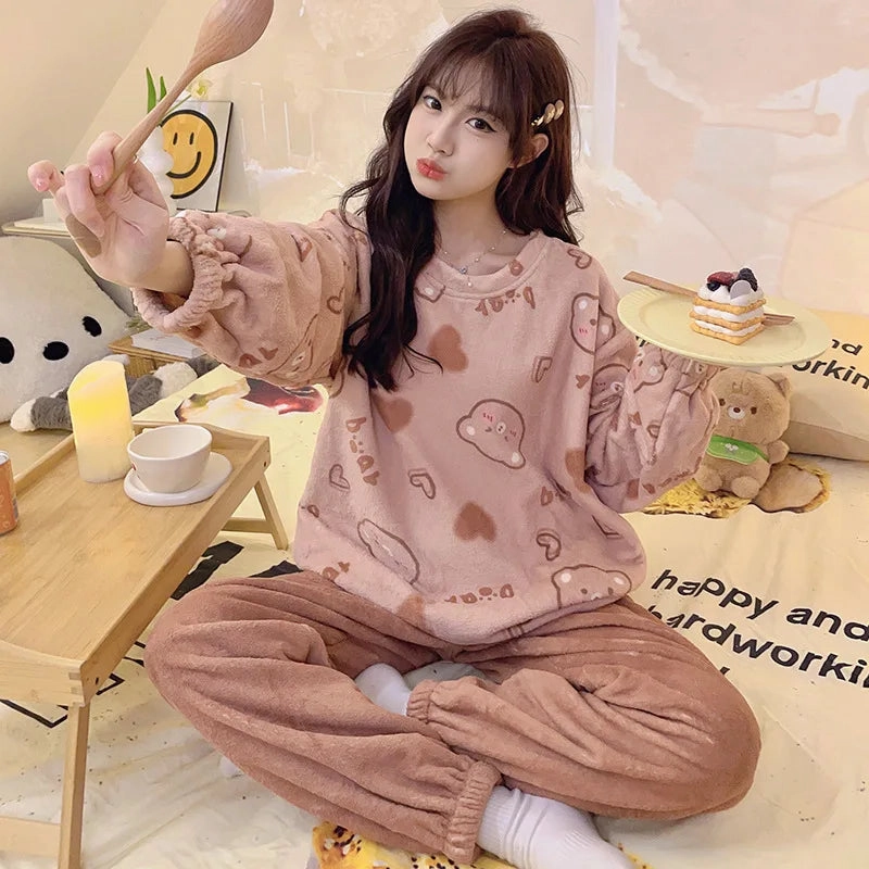 Flannel Warm Pyjamas Set for Women's Plus Size Sleepwear Loungewear