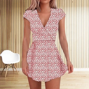 Floral A-Line Mini Skirt for Women - Casual V-Neck Short Dress for Spring/Summer