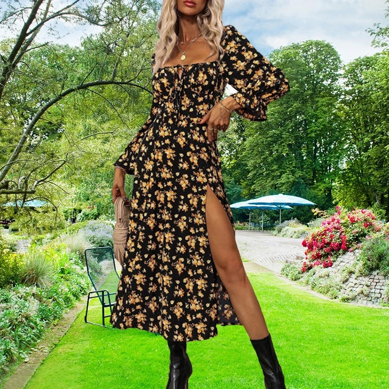 Floral Print Long Sleeve A-Line Dress with Square Neckline for Women ?C Spring/Summer Casual Fashion