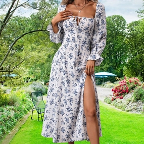Floral Print Long Sleeve A-Line Dress with Square Neckline for Women ?C Spring/Summer Casual Fashion