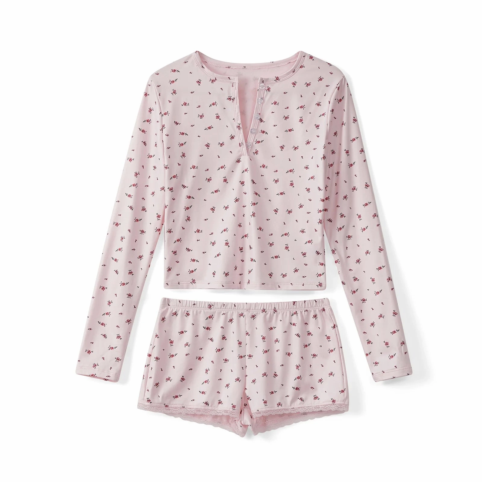Floral Print Pajamas Sets Women's Lounge Wear Long Sleeve V-Neck Slim Fit Tops & Mini Shorts 2 Pcs Sleepwear for Cozy Nights