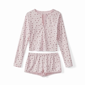 Floral Print Pajamas Sets Women's Lounge Wear Long Sleeve V-Neck Slim Fit Tops & Mini Shorts 2 Pcs Sleepwear for Cozy Nights