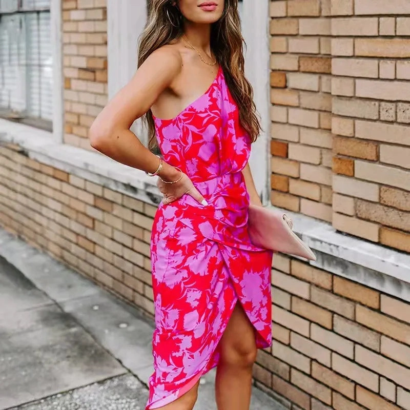 Floral Print Sexy Slim Fit A-Line Dress with Skew Shoulder Design - Perfect for Summer Nights!