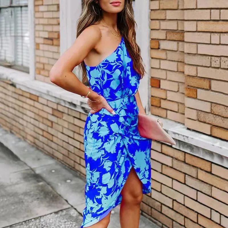 Floral Print Sexy Slim Fit A-Line Dress with Skew Shoulder Design - Perfect for Summer Nights!