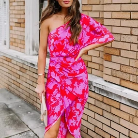 Floral Print Sexy Slim Fit A-Line Dress with Skew Shoulder Design - Perfect for Summer Nights!