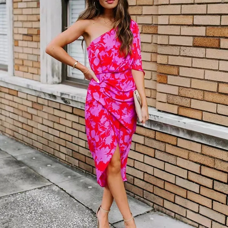 Floral Print Sexy Slim Fit A-Line Dress with Skew Shoulder Design - Perfect for Summer Nights!