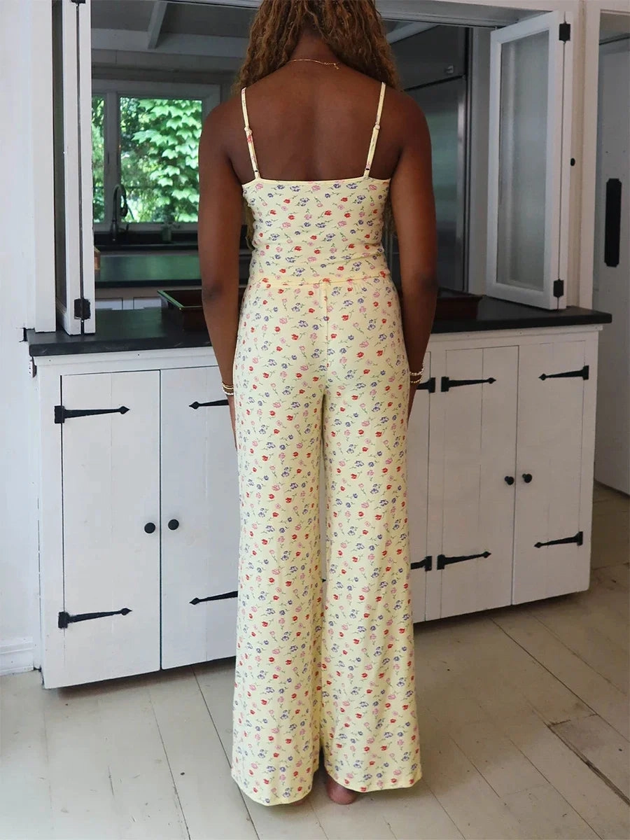 Floral Sleepwear Women Pajamas Korean Style Spaghetti Strap Two Piece Pijama Pants Set for Summer Home Comfort