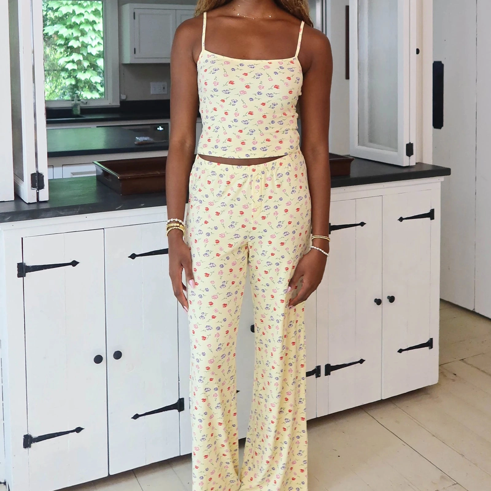 Floral Sleepwear Women Pajamas Korean Style Spaghetti Strap Two Piece Pijama Pants Set for Summer Home Comfort