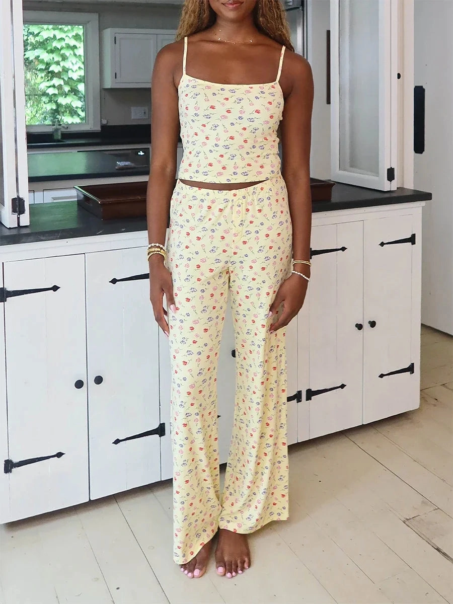 Floral Sleepwear Women Pajamas Korean Style Spaghetti Strap Two Piece Pijama Pants Set for Summer Home Comfort
