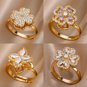 Four Clover Rotating Anxiety Rings for Women Adjustable Gold
