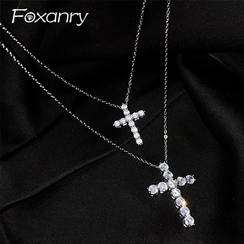 Foxanry Bling Zircon Necklace For Women Romantic Cross Pendant
