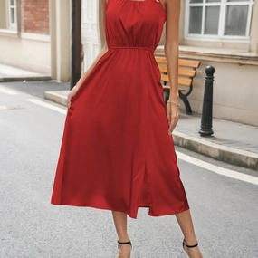 French Retro Red Camisole Dress Summer Pleated High Waisted