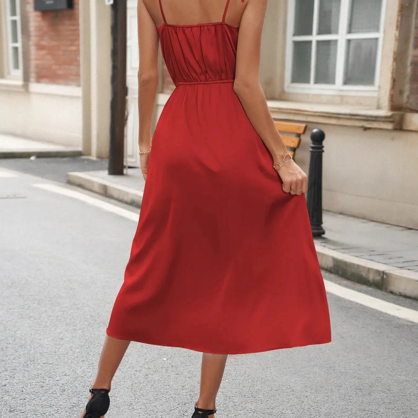 French Retro Red Camisole Dress Summer Pleated High Waisted