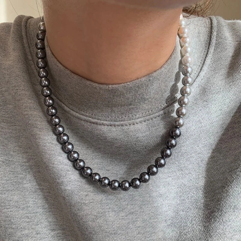 French Socialite White Gradient Gray Pearl Bead Necklace Fashion Jewelry Sets