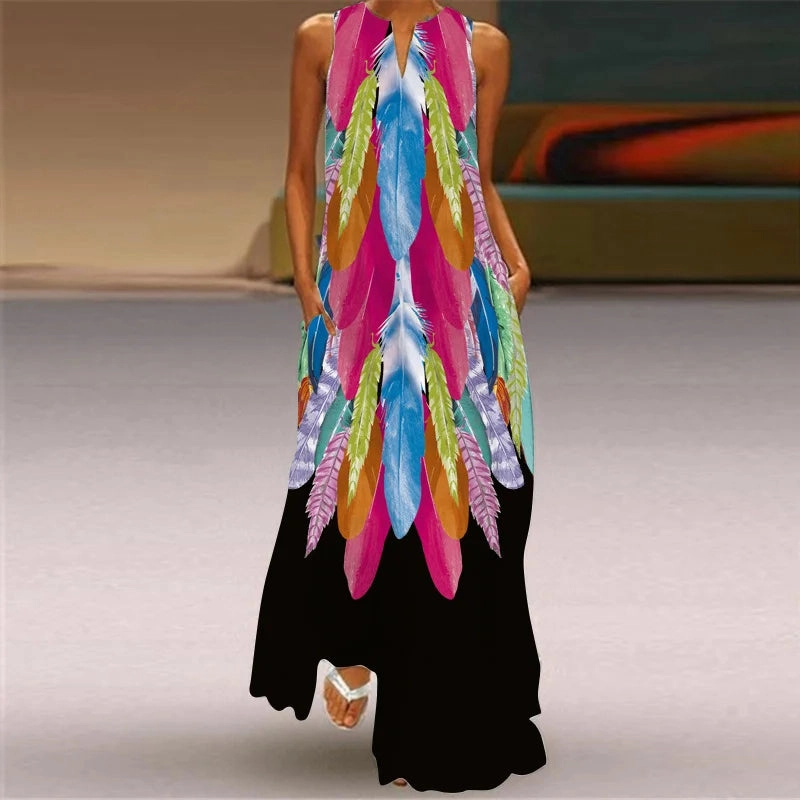 Fresh Floral Print Summer Open Neck Long Dress V-neck Sleeveless Beach Dress with Pockets