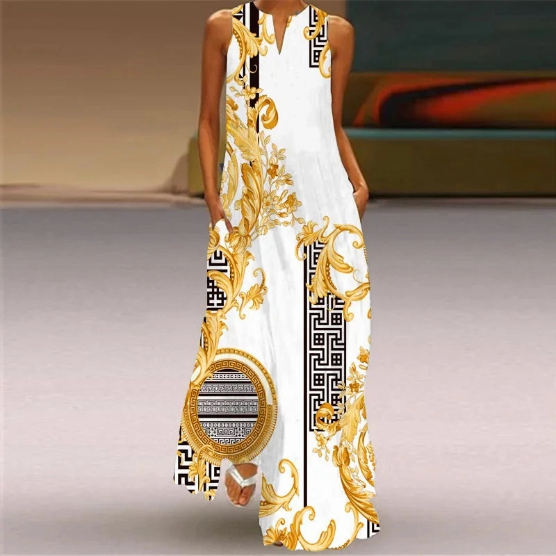 Fresh Floral Print Summer Open Neck Long Dress V-neck Sleeveless Beach Dress with Pockets