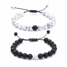 FTCY 2pcs/Set Couples Natural Stone Bracelets Black Pink Matching Lava Tiger Eye Beaded Yoga Jewelry for Men Women