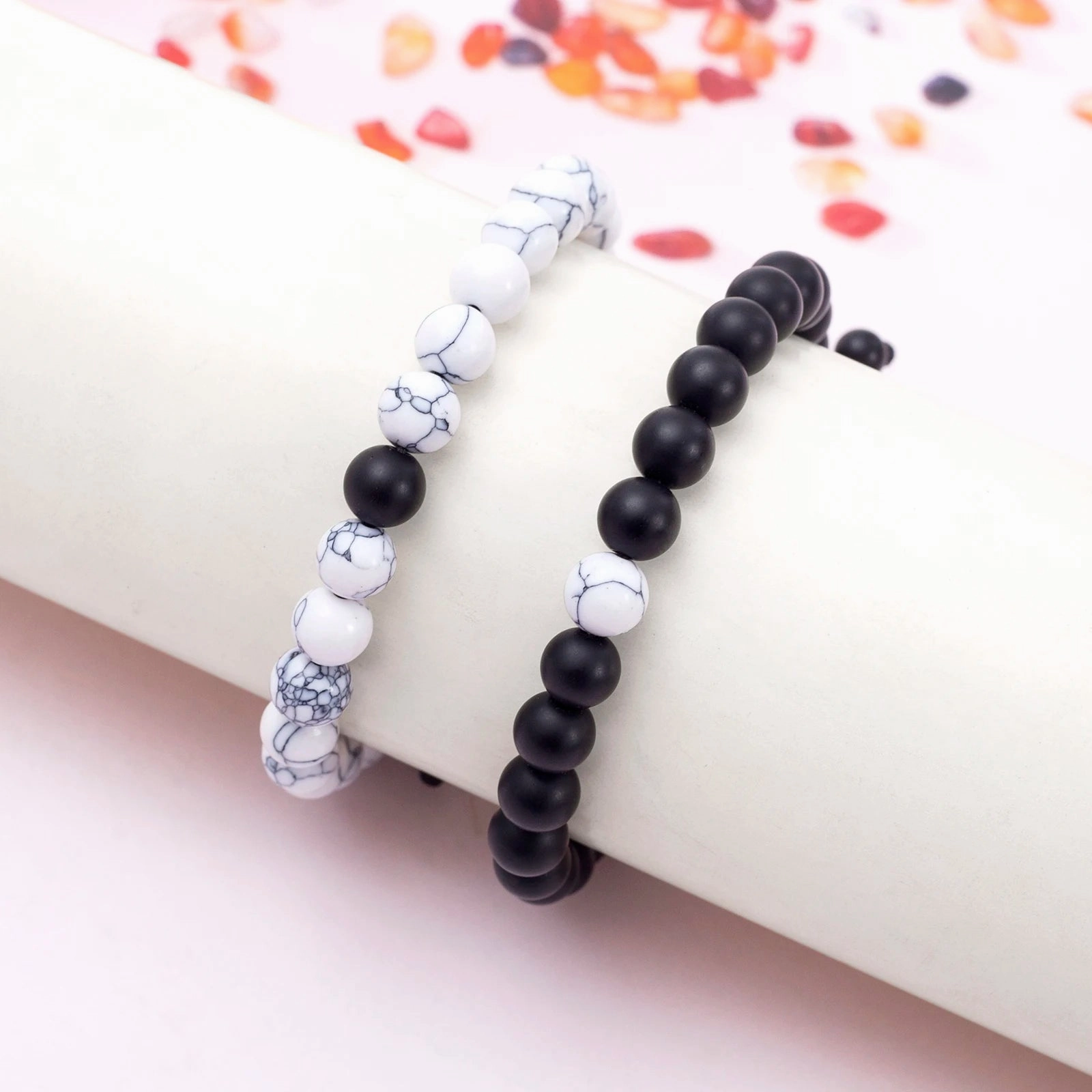 FTCY 2pcs/Set Couples Natural Stone Bracelets Black Pink Matching Lava Tiger Eye Beaded Yoga Jewelry for Men Women