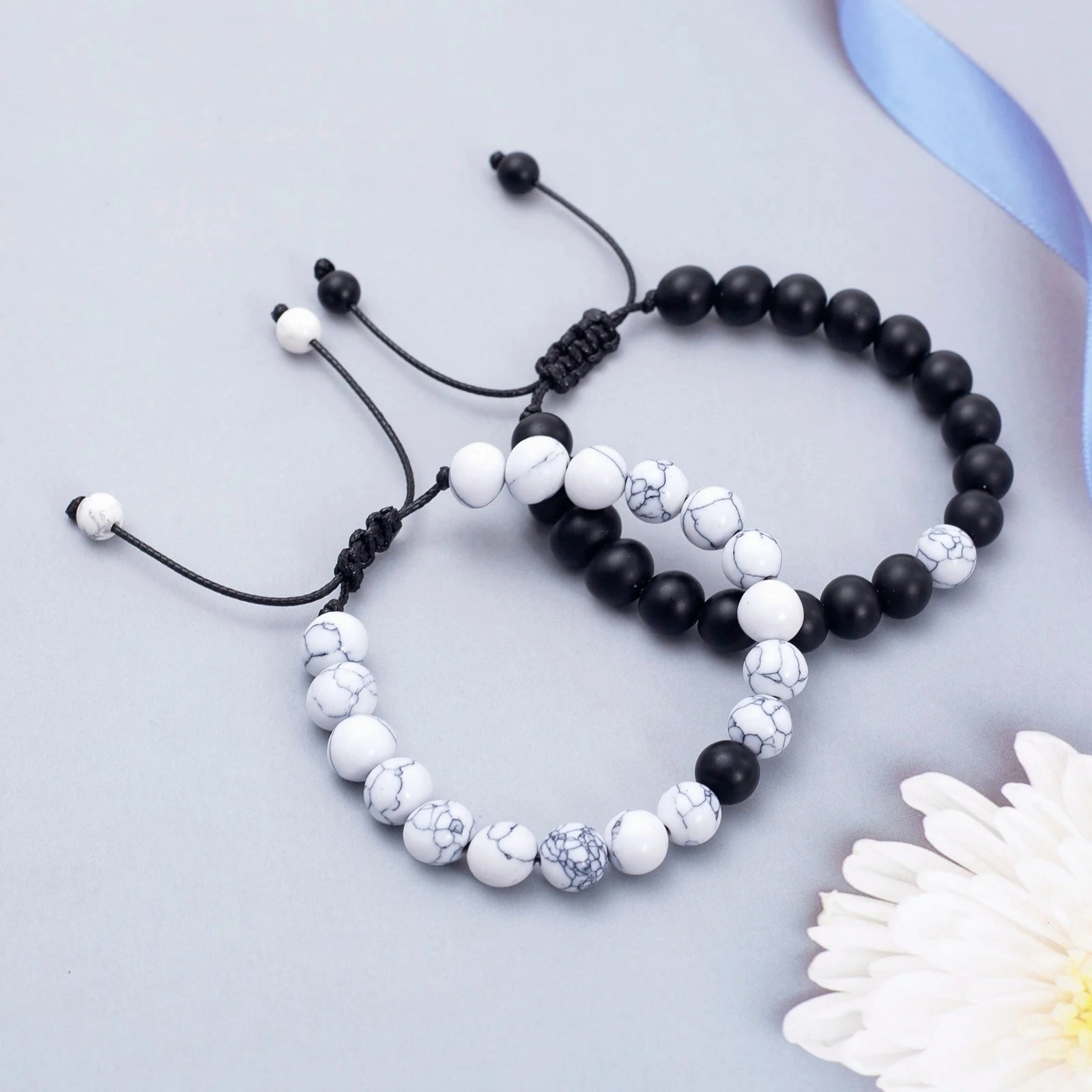 FTCY 2pcs/Set Couples Natural Stone Bracelets Black Pink Matching Lava Tiger Eye Beaded Yoga Jewelry for Men Women
