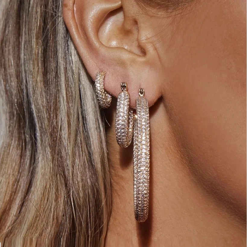 Full Iced Out Bling CZ Chunky Hoops Sparkling Earrings