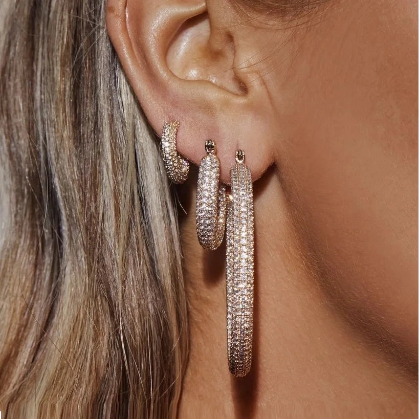 Full Iced Out Bling CZ Chunky Hoops Sparkling Earrings
