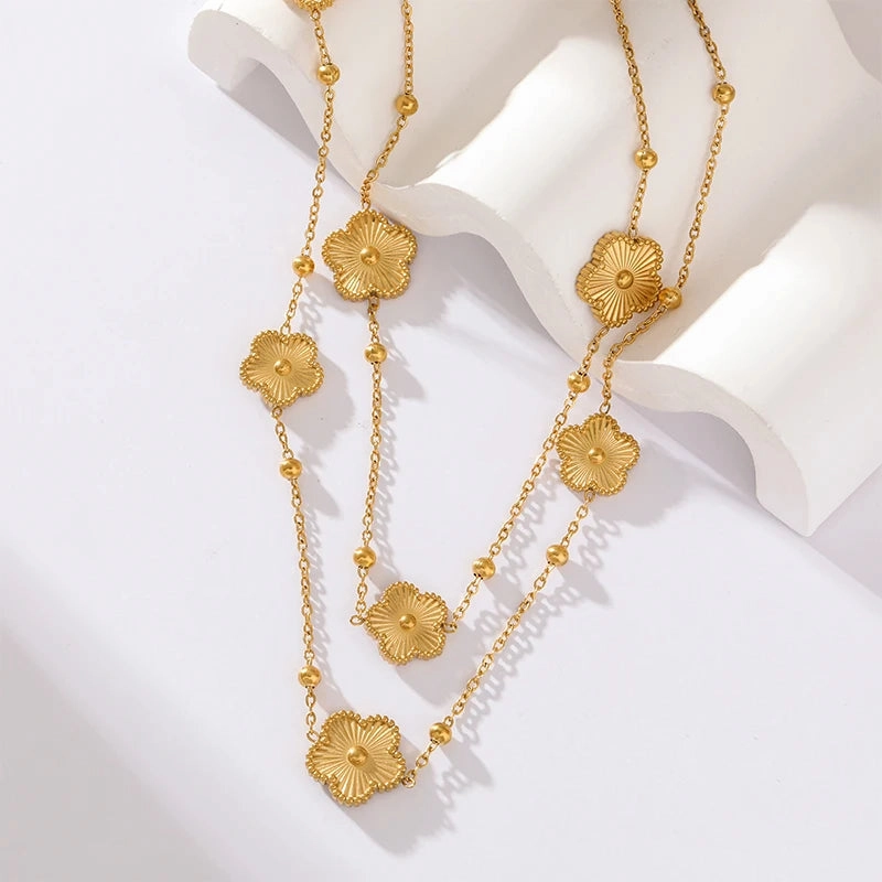 GANEMLY 316L Gold Five-Leaf Clover Pendant Necklace