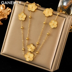 GANEMLY 316L Gold Five-Leaf Clover Pendant Necklace