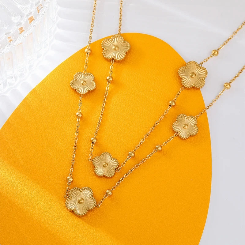GANEMLY 316L Gold Five-Leaf Clover Pendant Necklace