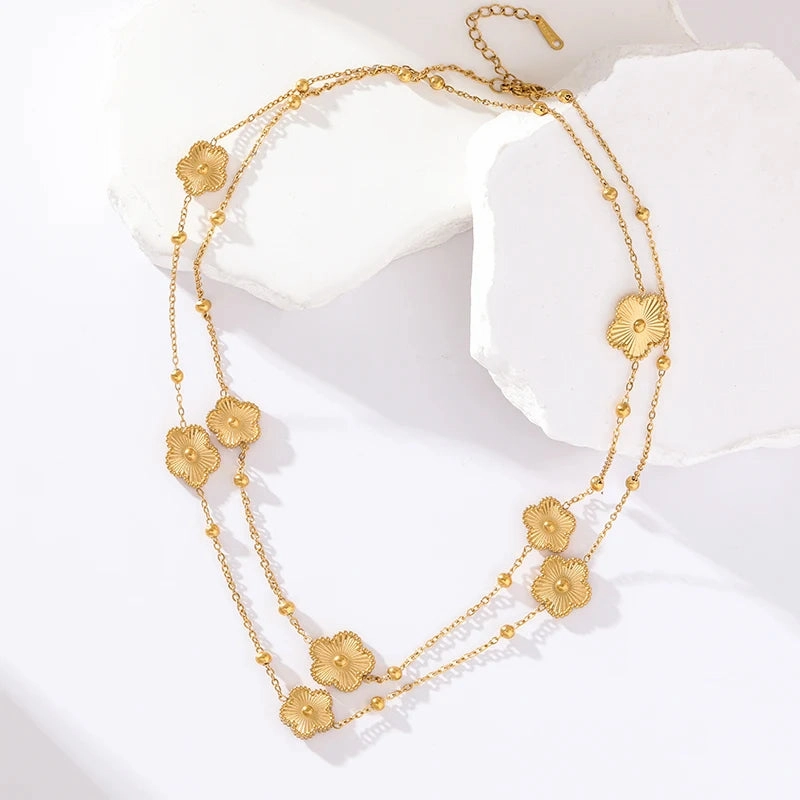 GANEMLY 316L Gold Five-Leaf Clover Pendant Necklace