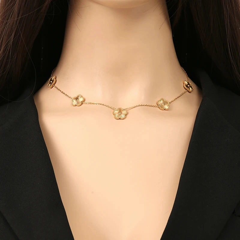 GANEMLY 316L Stainless Steel Five Leaf Flower Necklace for Women