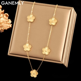 GANEMLY 316L Stainless Steel Five Leaf Flower Necklace for Women