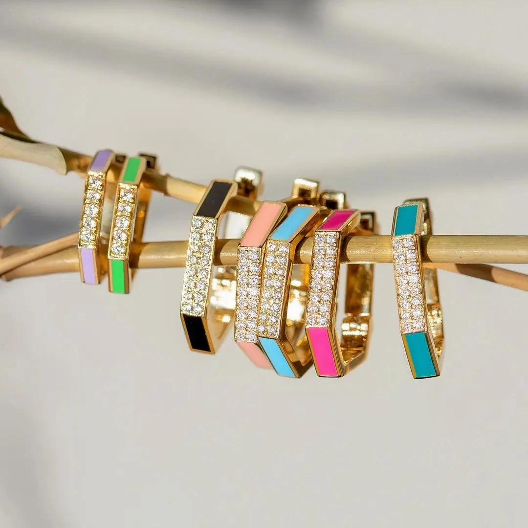 Geometric Hexagon Hoop Earring Gold Micro Pave CZ Enamel