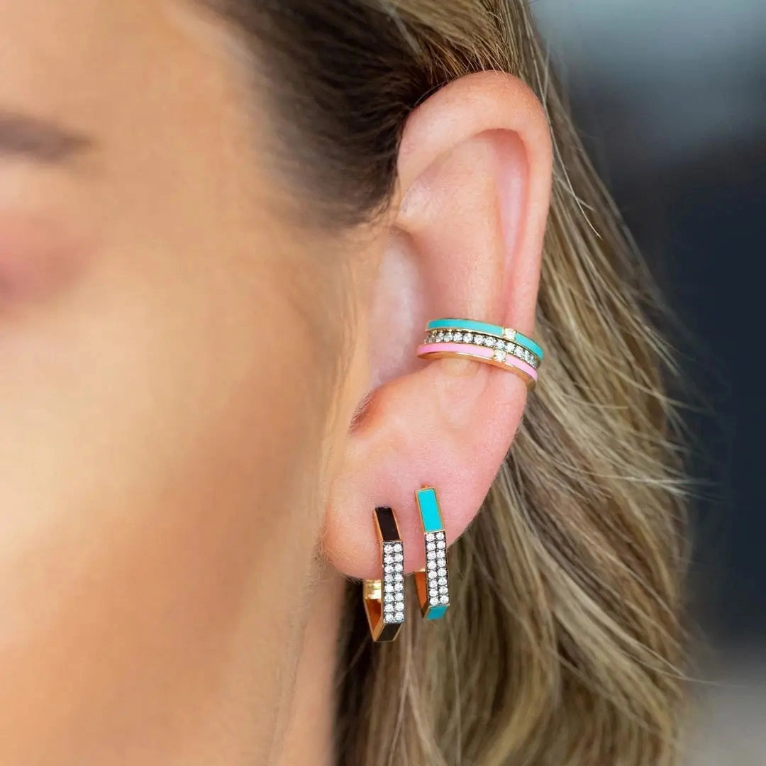 Geometric Hexagon Hoop Earring Gold Micro Pave CZ Enamel