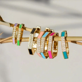 Geometric Hexagon Hoop Earring Gold Micro Pave CZ Enamel