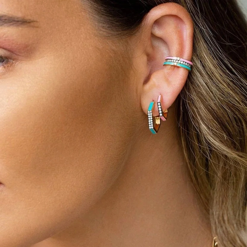 Geometric Hexagon Hoop Earring Gold Micro Pave CZ Enamel