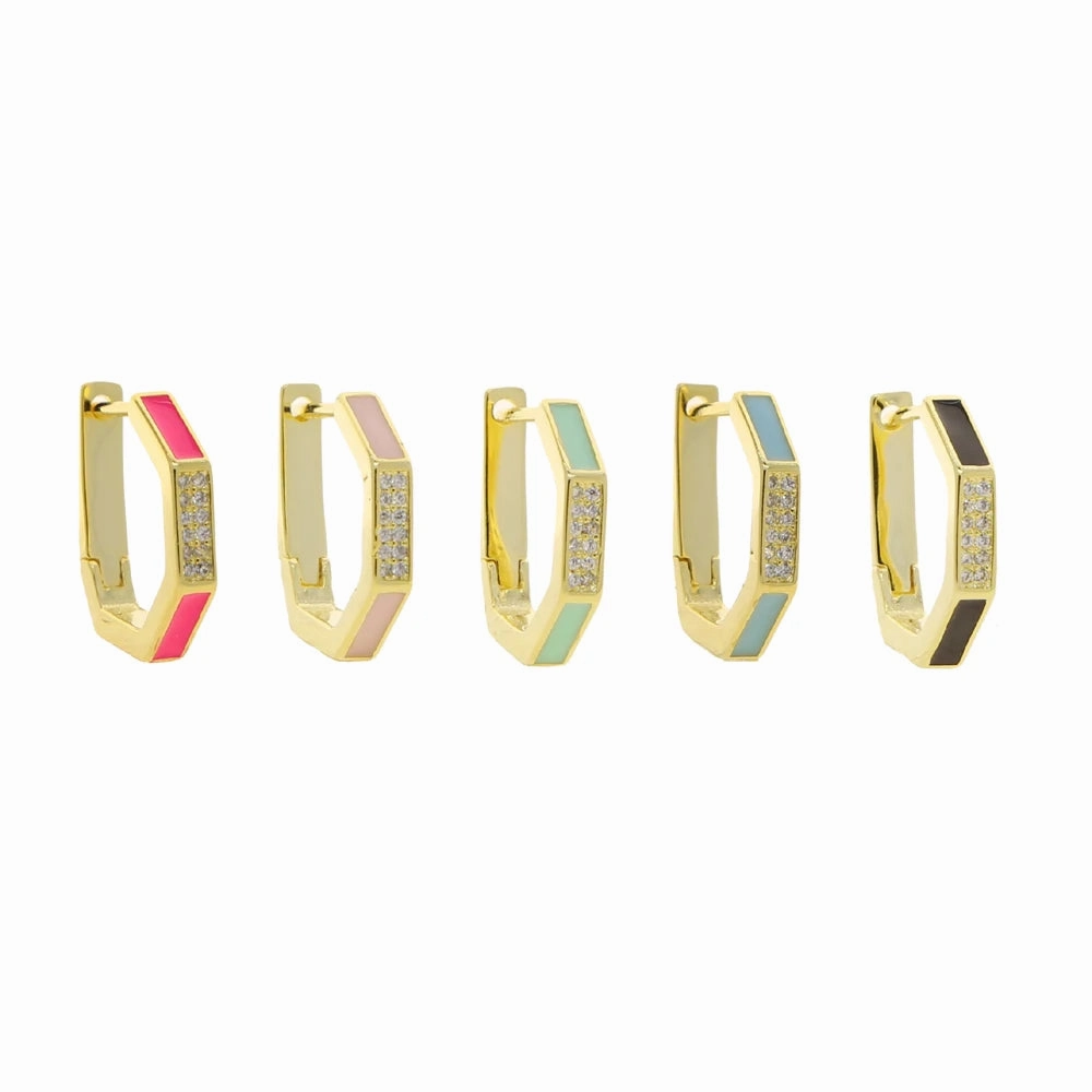 Geometric Hexagon Hoop Earring Gold Micro Pave CZ Enamel