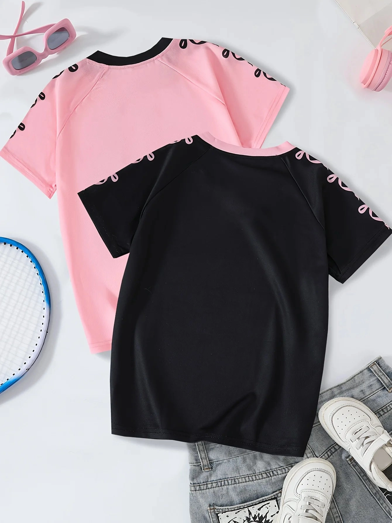 Girls V-Neck Short Sleeve T-Shirt Casual Summer Top with Bow in Pink and Black Size 07 Breathable and Comfortable