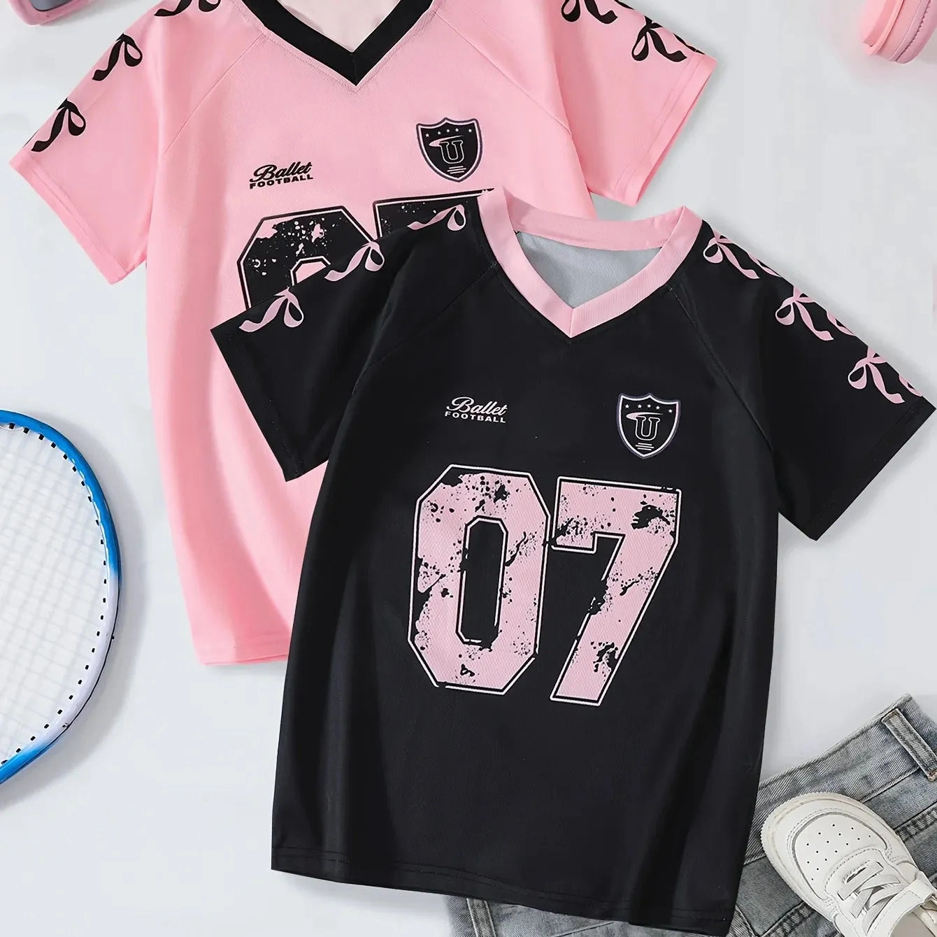 Girls V-Neck Short Sleeve T-Shirt Casual Summer Top with Bow in Pink and Black Size 07 Breathable and Comfortable